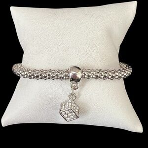 Stainless steel stretchy bracelet with paved  clear CZ cube Charm